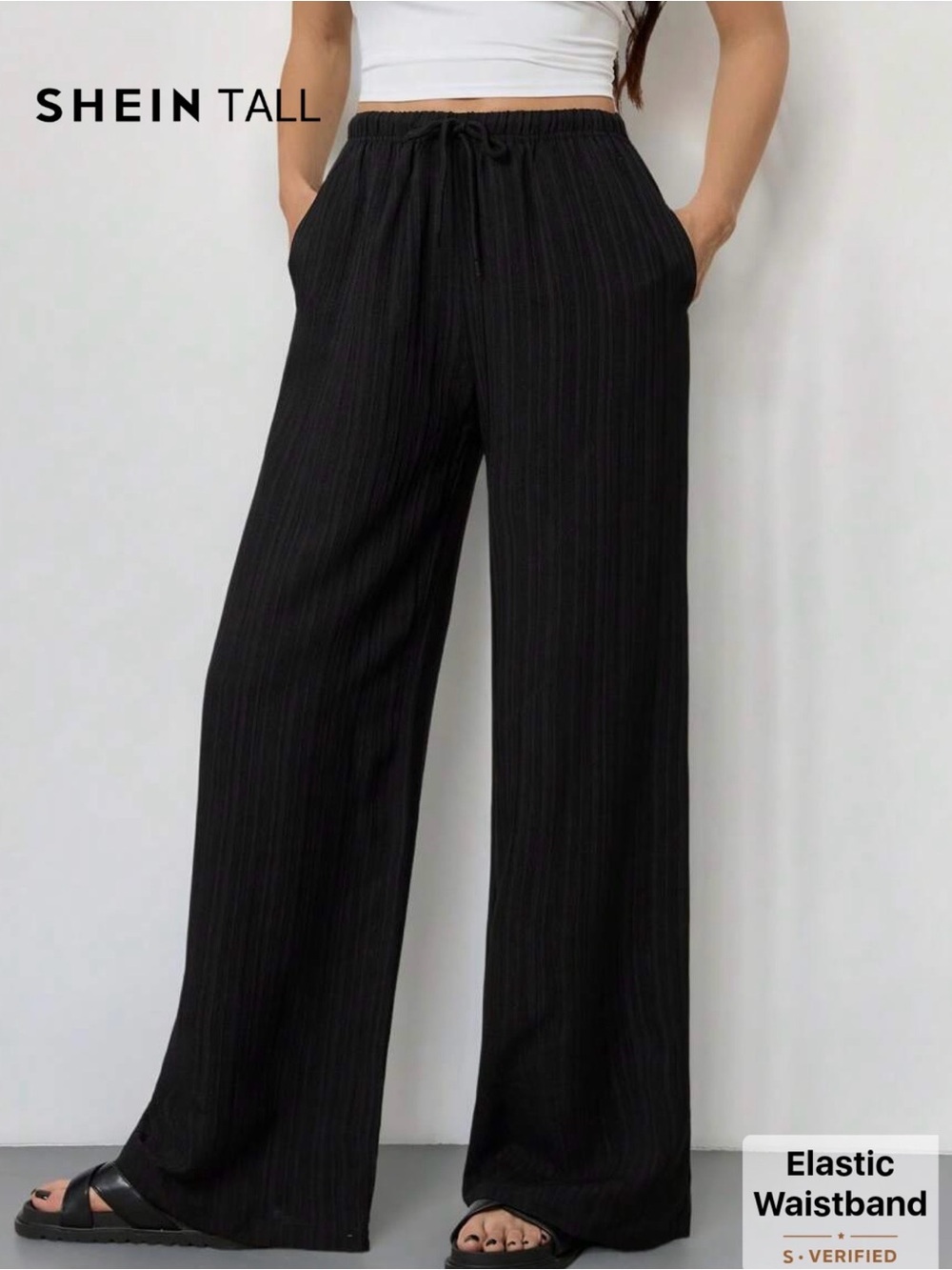 🌸S139 - SHEIN Tall Black Wide Leg Pull-On Pants🖤🛍️